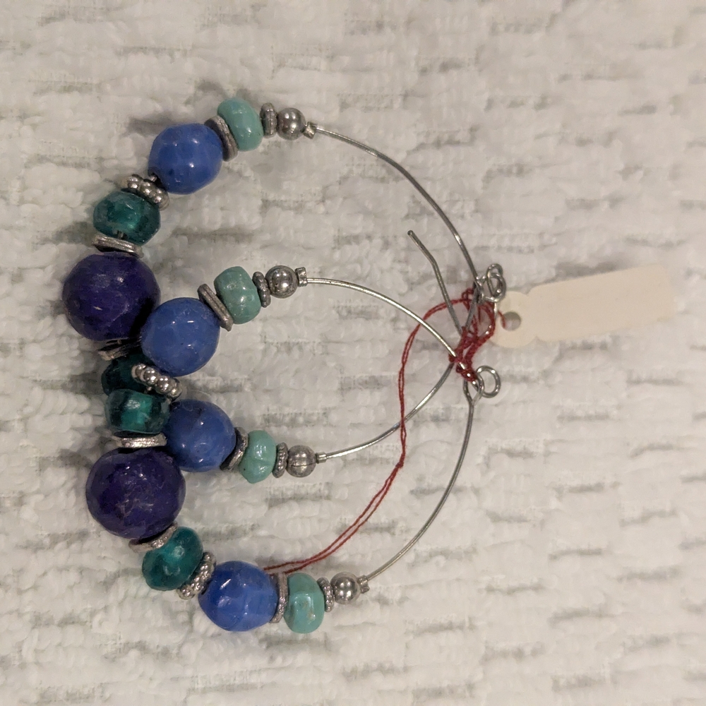 Elegant Blue and Silver Beaded Hoop Earrings